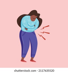 Woman African American Suffering From Stomach Pain Vector Illustration. Girl Feel Stomach Ache Chronic Gastritis Pressing Hands On Her Abdomen. Lady Having Menstrual Belly Period Pain Health Problems.