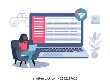 A Woman With An African Appearance Reading Email On Her Laptop. Vector Illustration.
