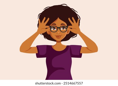 
Woman of African Ethnicity Holding Prescription Glasses Vector Illustration. Pretty girl using eyeglasses as the doctor prescribed them 
