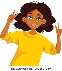 
Woman of African Ethnicity Showing Victory Sign Vector Cartoon. Cheerful positive girl feeling accomplished and confident
