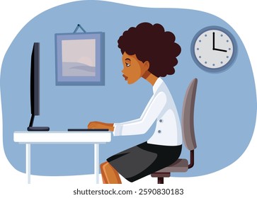 
Woman of African Ethnicity Working in an Office Vector illustration. Happy businesswoman typing and reading her emails 
