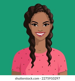 A woman with an African hairstyle. Portrait of a beautiful black woman with braids. Avatar of a smiling dark-skinned girl. Cartoon style, vector.