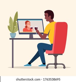 Woman and afro american man talking by videochat and drinking a glass of red wine Vector flat style Illustration