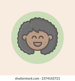 Woman Afro Face Avatar with black curly hair, freckles, delighted open mood and green background filled iconic vector line art