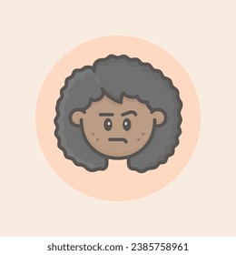 Woman Afro Face Avatar with black curly hair, freckles, Annoyed mood and orange background filled iconic vector line art