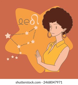 Woman with Afro hair wearing sleeveless shirt. Leo zodiac, astrological sign, constellation, word and star. Hand drawn flat cartoon character vector illustration.