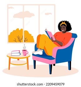 Woman afro reading book. Resting in armchair at leisure time. Enjoying literature at cozy home interior. Coffee table. Vector illustration