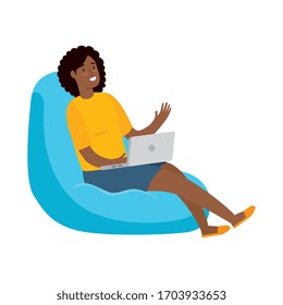 woman afro sitting in pouf with laptop vector illustration design