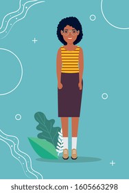 woman afro standing with eyeglasses and leafs tropicals vector illustration design