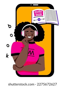 Woman afro in wireless headphones listening to audio book online. Concept of online learning. Internet library in the smartphone. Vector illustration