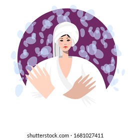 Woman after bath. Isolated young woman in towels with clean and fresh face and bubble.  Vector flat illustration