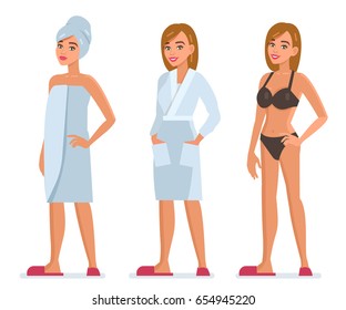 Una mujer después del baño usa toallas, albornoz y ropa interior. Ilustración vectorial de estilo plano aislada en fondo blanco.