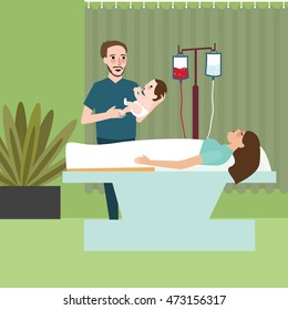 woman after labor giving birth dad father holding the baby