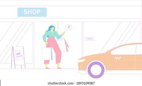 Woman  after shopping. Call at taxi.
Cab car in screen