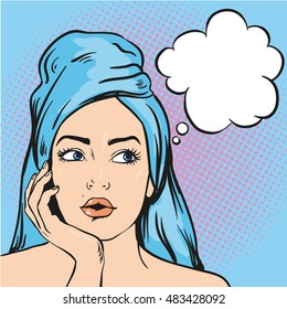 Woman after a shower thinking about something. Vector illustration in pop art comic style.