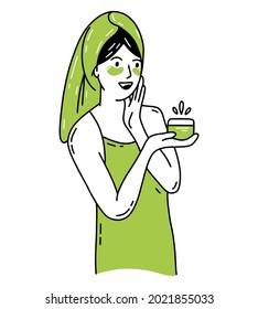 A woman after taking a bath is smeared with cream in doodle style
