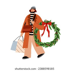 Woman after winter holiday shopping. Happy person carrying bags, walking with Christmas wreath, festive purchases, preparing at Xmas eve. Flat graphic vector illustration isolated on white background