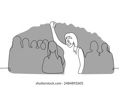 woman against the backdrop of the crowd stands screaming with her fist raised in the air, protest leader - one line art vector. concept protest, leadership, revolution. Handmade vector not AI