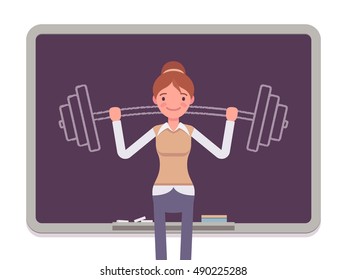 Woman against the blackboard with drawn barbell. Cartoon vector flat-style concept illustration