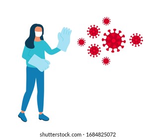 Woman against virus attack, wearing mask and gloves. Infection protection. Vector illustration