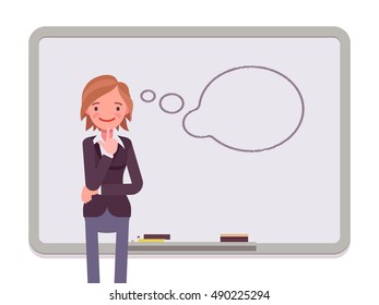 Woman against the whiteboard with drawn dialogue cloud. Cartoon vector flat-style concept illustration