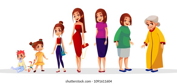 Woman age vector illustration of female generation cycle. Women life stages from child to adolescence and elderly cycle of cartoon isolated flat characters