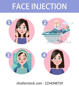 Woman with aging wrinkle make injection for beauty. Medical procedure in clinic with syringe. Isolated vector illustration