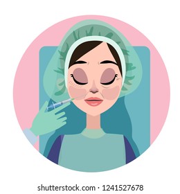 Woman with aging wrinkle make injection for beauty. Medical procedure in clinic with syringe. Isolated vector illustration