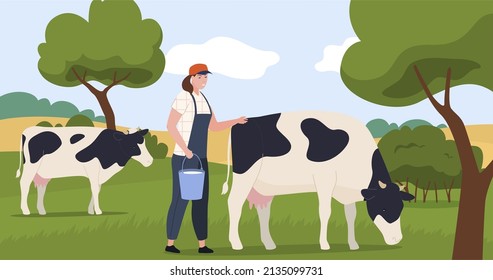 Woman agricultural worker cow milking with bucket full of milk vector flat illustration. Agriculture rural occupation outdoor at summer landscape. Countryside lifestyle, livestock, cattle breeding