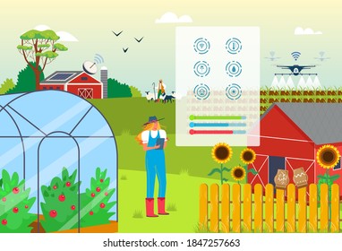 Woman at agriculture farm use smart farming digital technology app concept, vector illustration. Agricultural application at mobile tablet, internet data for farmer control field plant harvest.