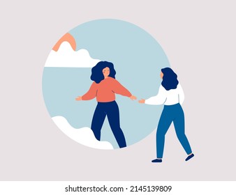 Woman aids person gets rid of depression, anxiety and stress. Friend or caregiver supports female and helps start the new life. Psychological concept of life improvement. Vector illustration