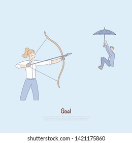 Woman aiming bow with arrow at coworker, man floating down on umbrella, hostile competitive environment banner