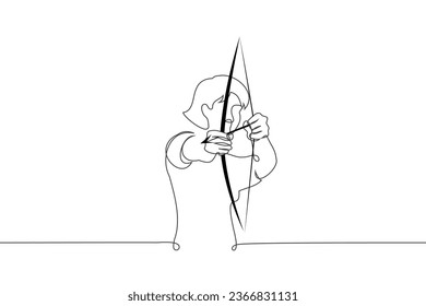 woman aims an arrow from a bow - one line art vector. concept female archer training for archery competition