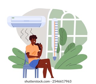 Mulher com ar condicionado no verão. Jovem senta-se em um apartamento em tempo quente. Conforto e conforto em casa. Descanse e relaxe dentro de casa. Ilustração de vetor plano isolada no plano de fundo branco