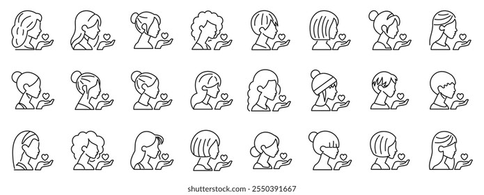 Woman air kiss icons set. Different women holding small hearts, sending love and affection