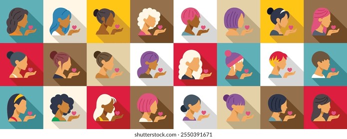 Woman air kiss icons set. Women with various hairstyles and ethnicities holding hearts, symbolizing love, care, diversity, and inclusivity