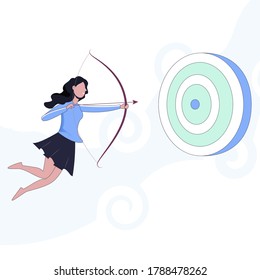 Woman in the air shoots in a target. Idea of success and motivation, striving for goal concept. Intended to achieve great result. Cartoon Flat Vector Illustration.