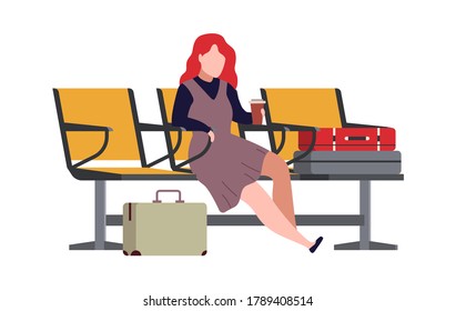 Woman in airport arrival waiting room or departure lounge. Modern female character sits on chair and waits plane with luggage, passenger with suitcases and bags, vector flat cartoon illustration