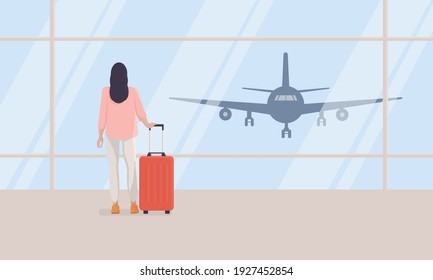 Woman at airport. Attractive young woman with hand luggage in empty waiting area of airport terminal looks out window at plane taking off. Concept of vacation or business trip. Vector illustration