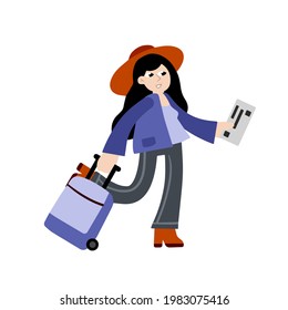 Woman at airport. Girl with suitcase is hurry. Luggage and baggage. Ticket in hand. Flat cartoon isolated on white. Female character goes on vacation