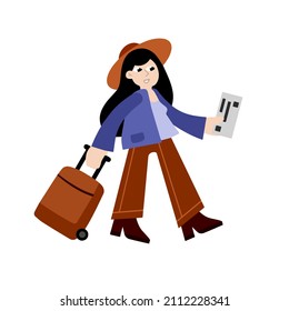 Woman at airport. Girl with suitcase is hurry. Female character goes on vacation. Luggage and baggage. Ticket in hand. Flat cartoon isolated on white