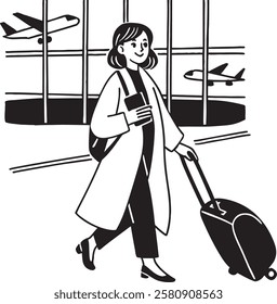 A woman in an airport, holding a passport and a travel bag. She walks confidently toward her flight. Large windows, planes, and departure signs in the background. Black and white doodle illustration.