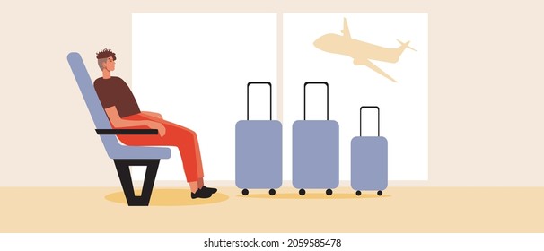 Woman in the airport lounge. Flat vector stock illustration. Waiting room interior. Airport suitcase. Passenger with luggage. Waiting for the flight. Vector graphics