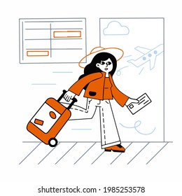 Woman at airport. Luggage and baggage. Ticket in hand. Outline cartoon isolated on white. Female character goes on vacation. Departure and arrival