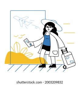 Woman at airport. Luggage and baggage. Ticket in hand. Outline cartoon isolated on white. Female character goes on vacation. Departure and arrival