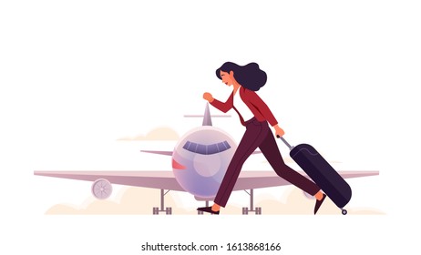 Woman at the airport running with luggage. Tourists with baggage. Idea of travel and vacation. Plane arrival. Isolated vector illustration