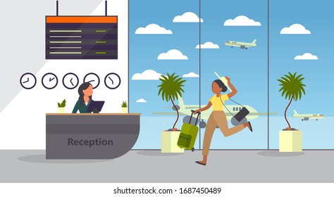 Woman at the airport running with luggage. Tourists with baggage. Idea of travel and vacation. Plane arrival. Isolated vector illustration