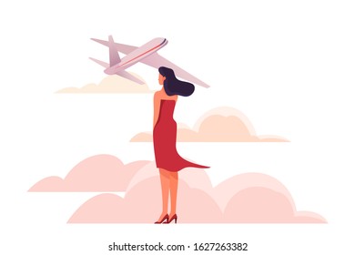 Woman at the airport standing and looking at an airplan. Female character seeing off an aircraft. Woman is late for plane. Idea of travel and vacation. Isolated vector illustration