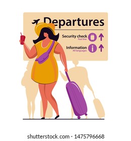 Woman at the airport terminal with a backpack and suitcase. Tourist looking for his airplane. Travel and vacation concept background. Vector illustration with flat character people.