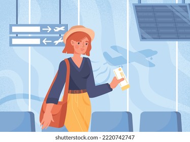 Woman at airport. Young girl with ticket on background of glass wall and plane taking off. Poster or banner for website. Travel and tourism. Character on vacation. Cartoon flat vector illustration